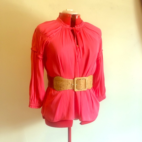 🔥 GAP | Coral Satin-Feel Tie-Neck Boho Peasant Blouse Sz Large - Picture 4 of 8